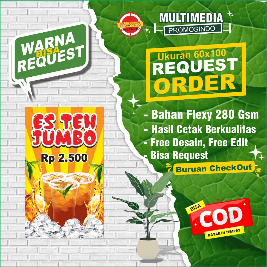 BANNER / SPANDUK ES TEH JUMBO UKURAN 60X100 MMT ES TEH MINUMAN SEGAR CUSTOM HARGA TEH MANIS GINASTEL