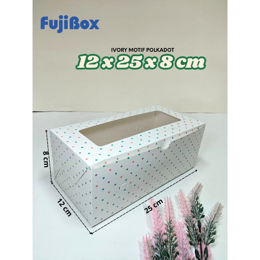 ( 10 Pcs ) Fuji Box Dus Kotak Kue Cake Brownies Pie Ivory Motif Polkadot Warna Warni 12 cm x 25 cm x