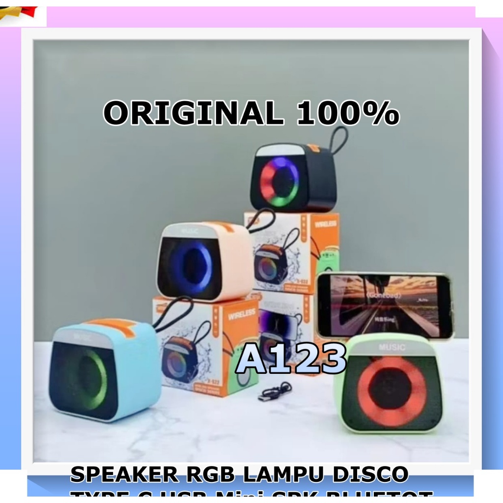 A123 ORI 100% SPEAKER RGB LAMPU DISCO TYPE C USB Mini SPK BLUETOT portabel SPIKER Bluetooth BULAT SP