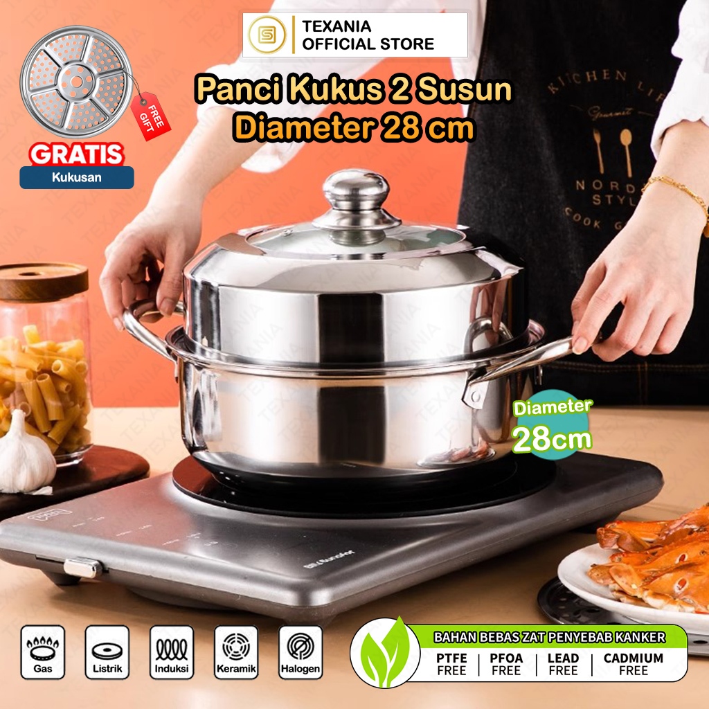 TEXANIA Panci Kukus 28cm Serbaguna Bisa Jadi Wajan dan Kukusan/ Bahan Kukusan Stainless Steel FREE K