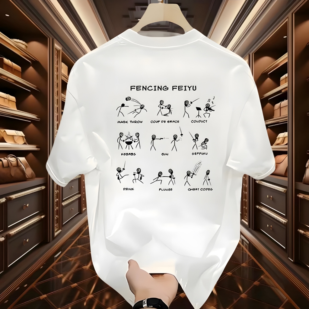 Kaos Putih dengan Desain Stikman Lucu dan Teks "FENCING FEIYU", Unik untuk Gaya Kasual