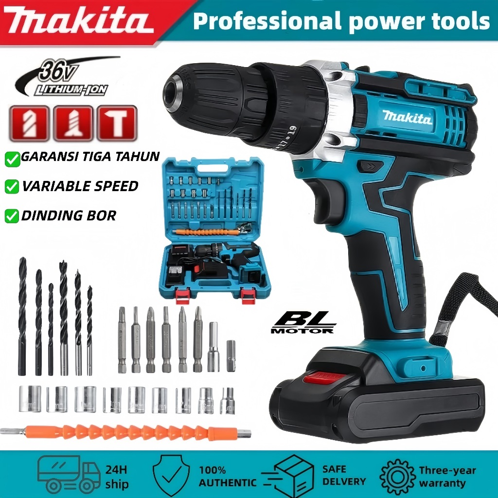 Bor Tangan Palu Impact Bor Tanpa Kabel Makita 36V dengan 2 Baterai dengan Kotak Aksesori Obeng / Bor