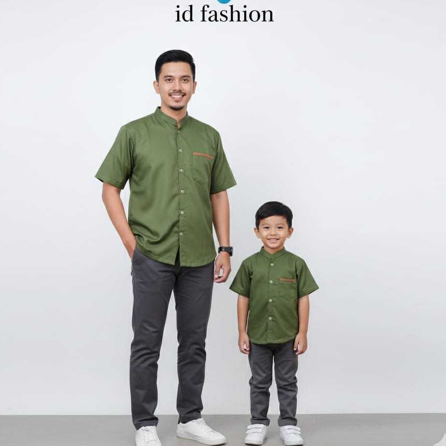 Baju Couple Keluarga Kemeja Koko Couple Ayah Dan Anak Katun Hijau Army Olive Lengan Pendek