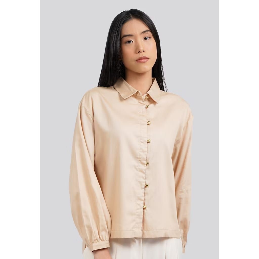 Atasan wanita executive puff sleeves collared blouse khaki size XXL