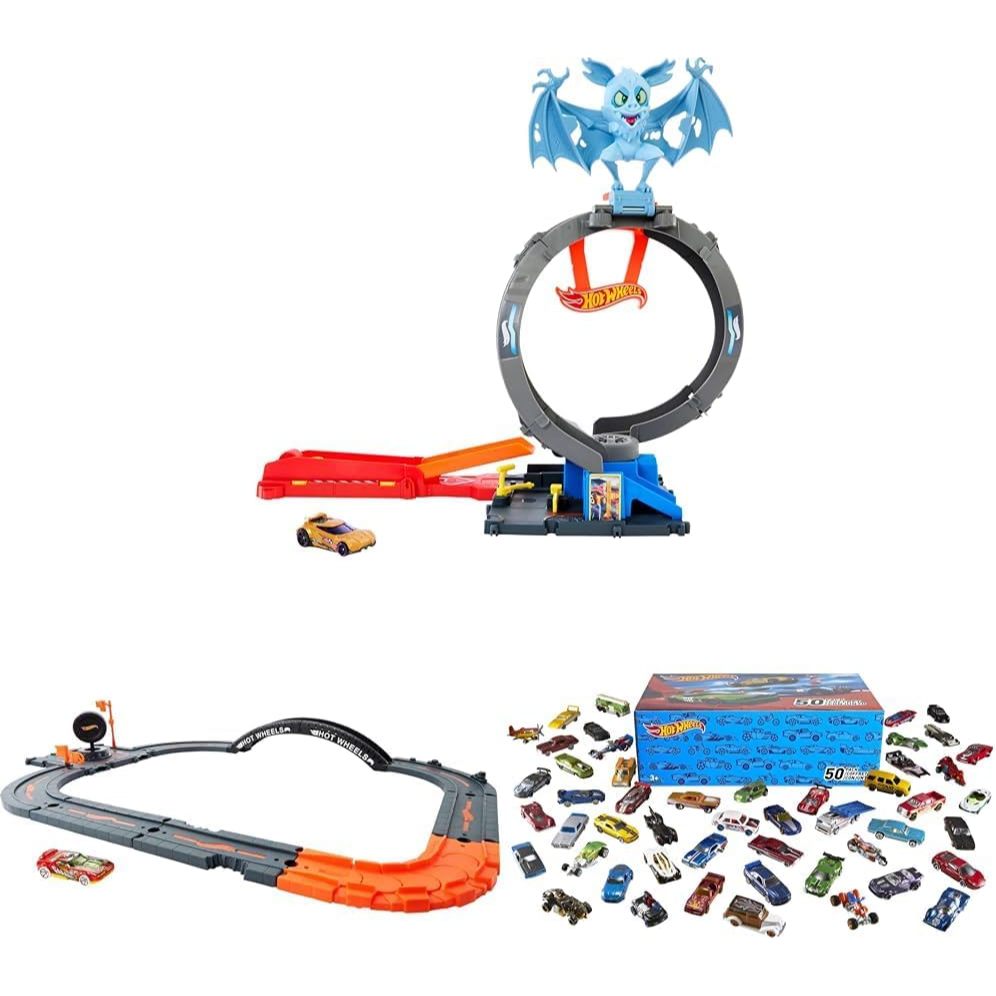 Bundle of Hot Wheels City Bat Loop with Adjustable Loop & Launcher + Track Pack