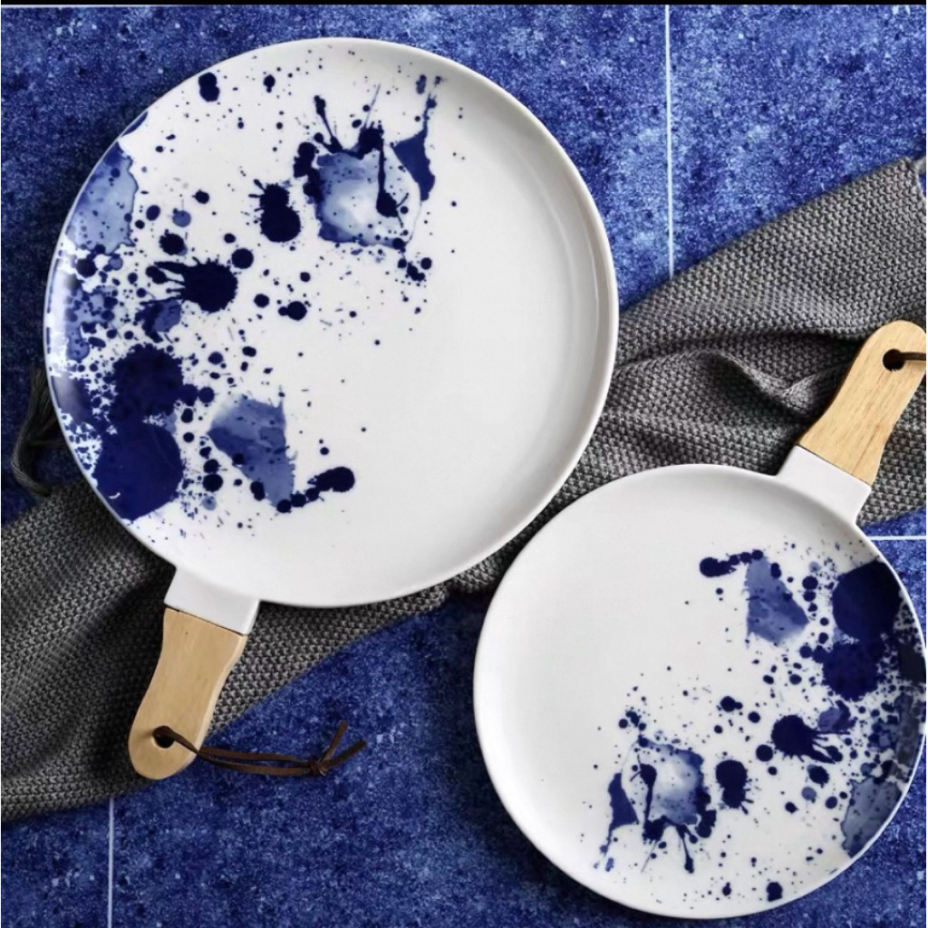 Piring keramik gagang kayu tray ceramic import pizza besar artistic piring kue dekorasi ultah arisan