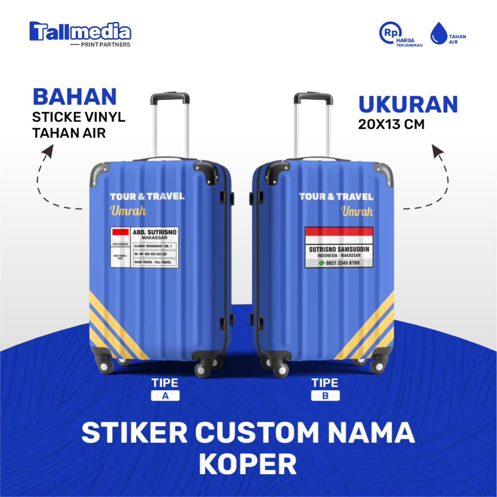 Stiker Nama Koper Custom | Label Nama Koper Umroh & Travel | Bahan Plastik Tahan Air