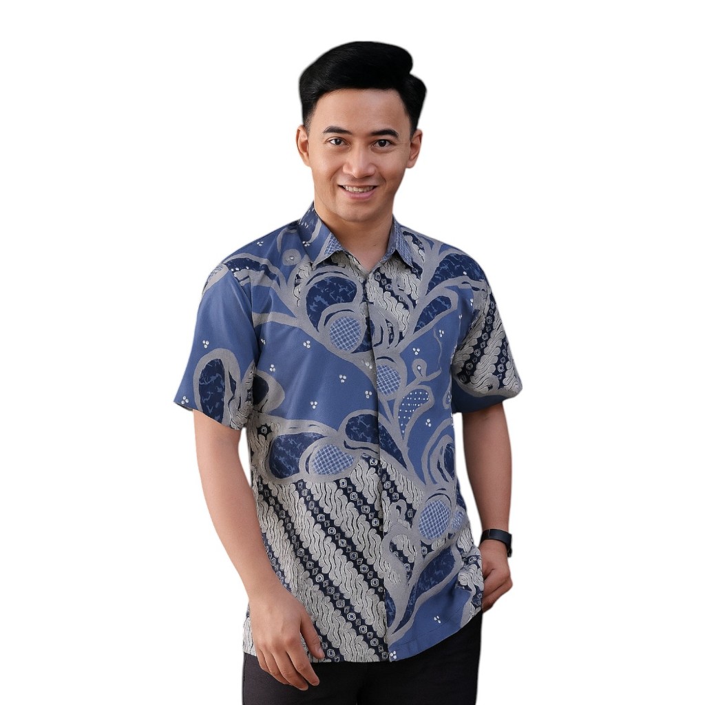 Kemeja Batik Pria Lengan Pendek Warna Biru -  Baju Batik Pria Lengan Pendek Warna biru - Kemeja Bati