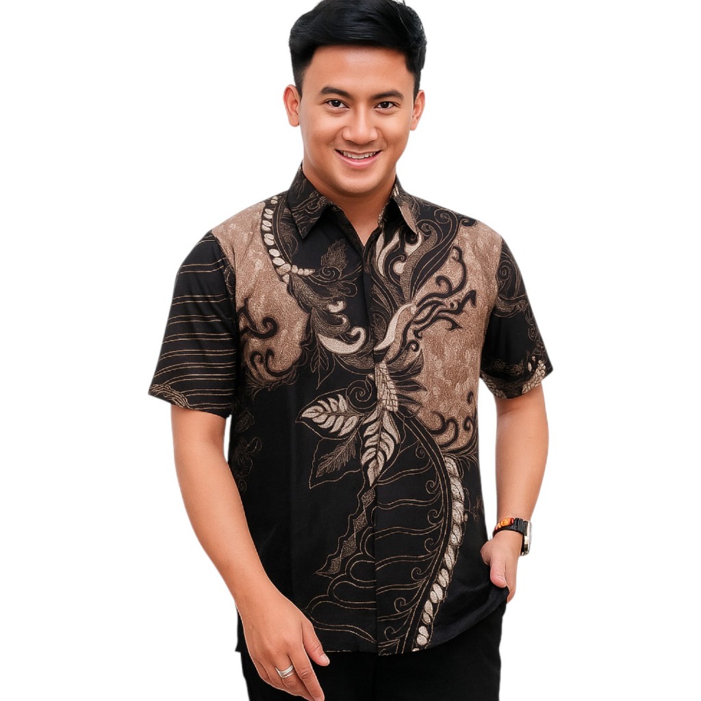 Baju Batik Pria Lengan Pendek Warna Hitam - Kemeja Batik Pria Dewasa Modern - Batik Terlaris