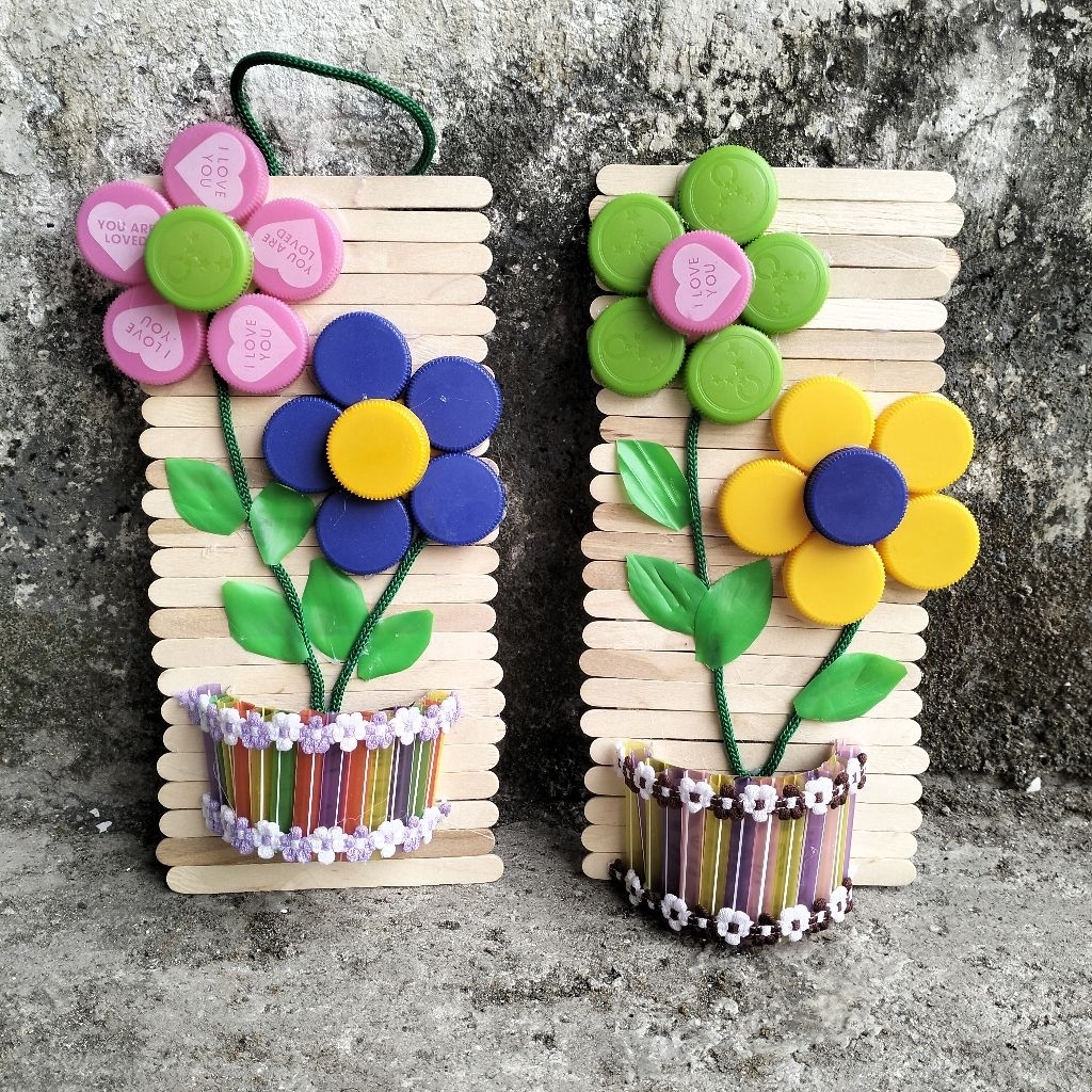 KERAJINAN TANGAN DARI TTUP BOTOL BEKAS DAN STIK ES CREM KERAJINAN TANGAN ANAK SD KERAJINAN TANGAN  H