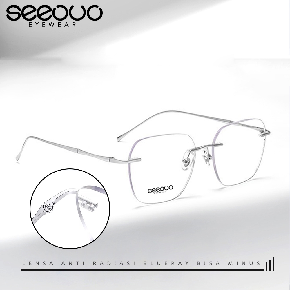 Seeouo Kacamata Rimless Antiradiasi Blueray Style Kotak Fashion Glasses Bahan Metal Ringan Unisex Bi