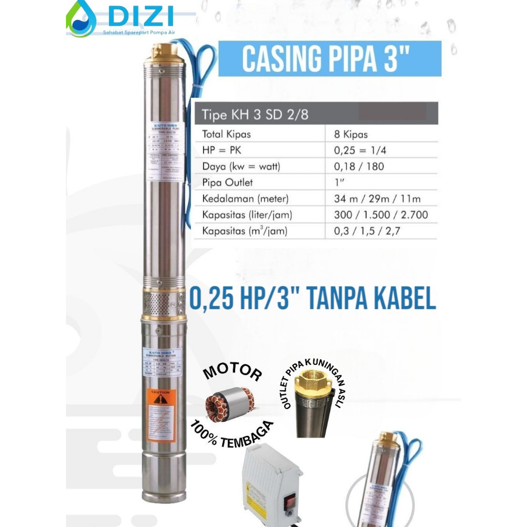 Kaito Hiro 3" 0,25 hp + Tanpa Kabel Pompa Satelit Submersible