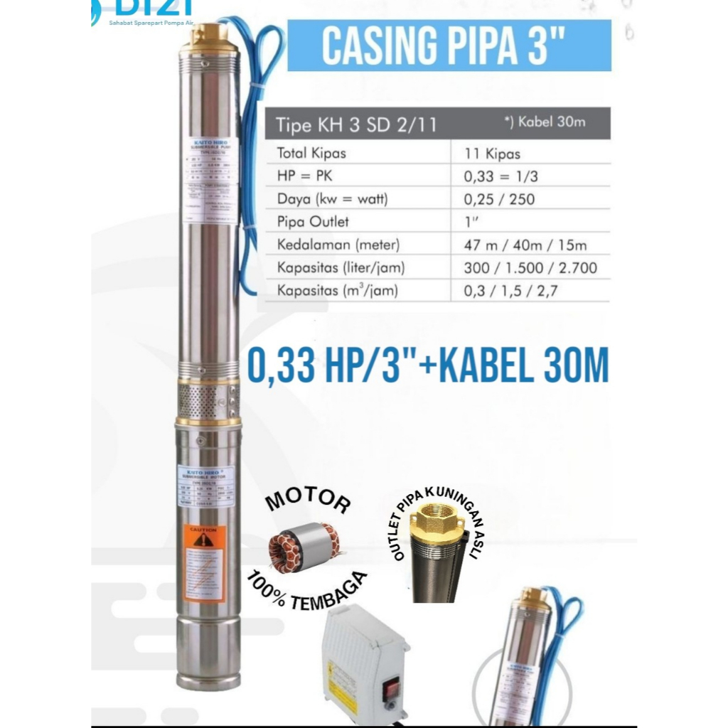 Kaito Hiro 3" 0,33 hp + Kabel 30m Pompa Satelit Submersible