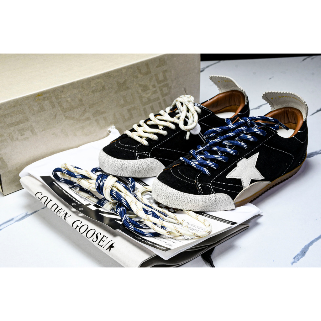 Golden Goose Deluxe Brand (GGDB) True-Star Low Black Suede White Star White Heel Tab Gold Lettering 