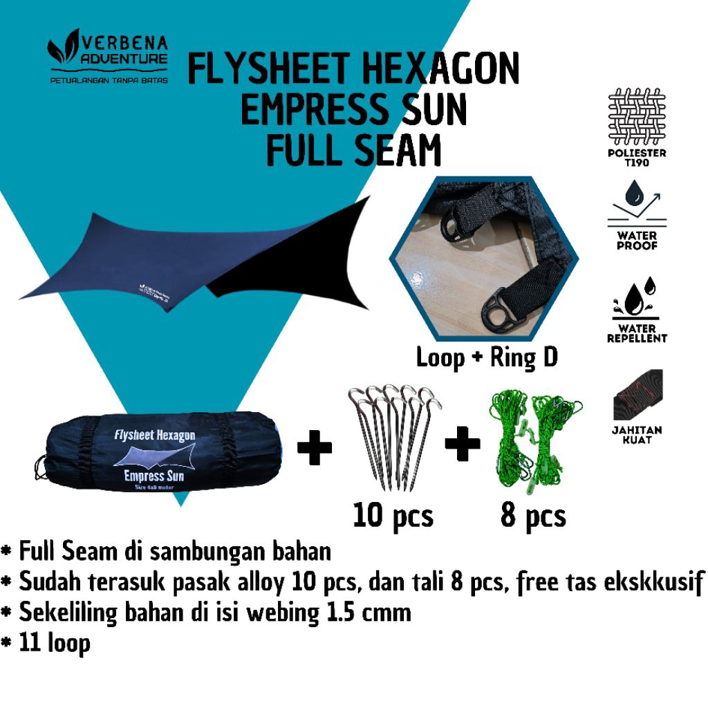 VERBENA ADVENTURE  Flysheet Hexagon Waterproof 4x6 3x4 full seam Flysheet Segi Enam hexagonal