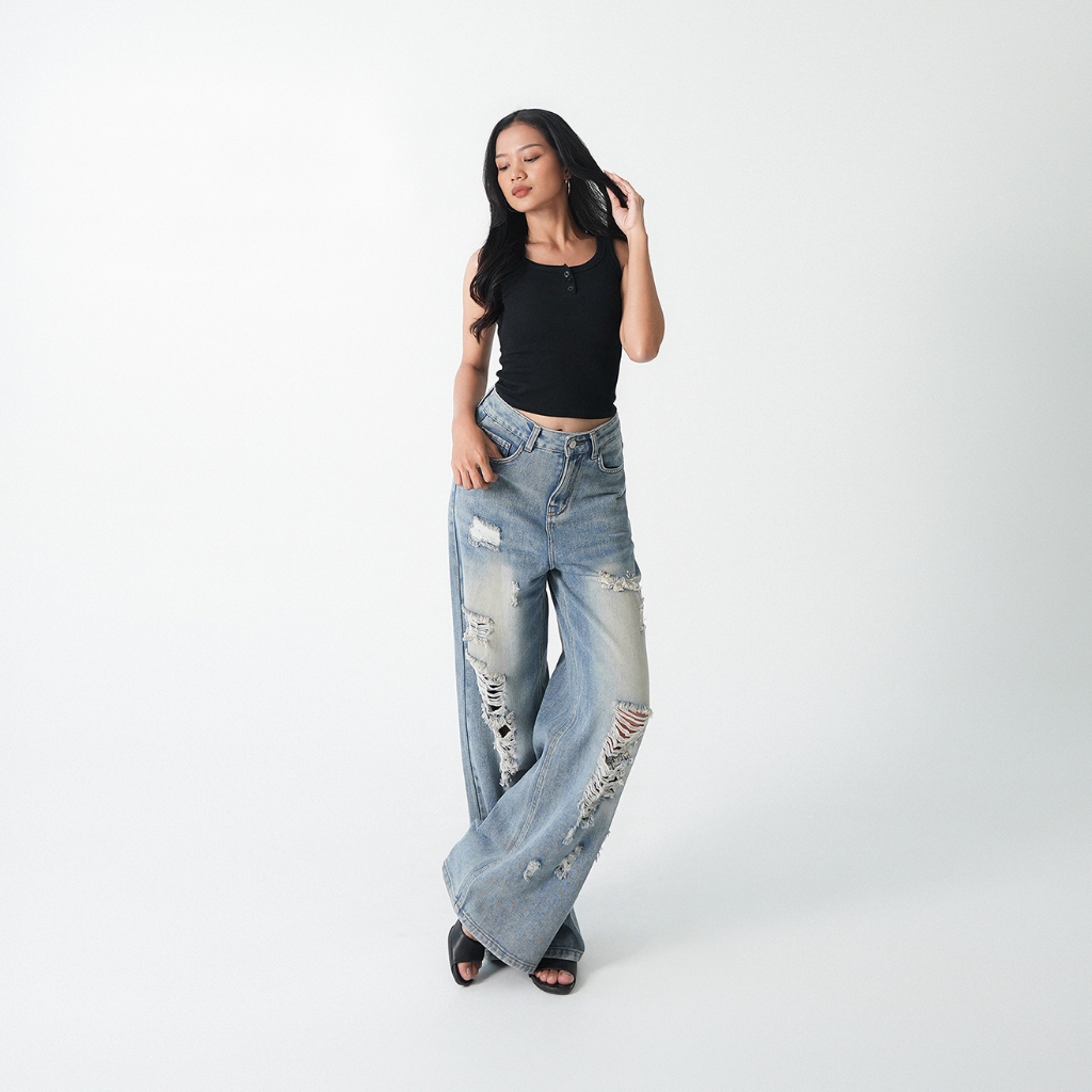 Elaris Jeans - Wide Leg Jeans Regular | Celana Jeans Wanita Pria Unisex Longgar Ripped Kekinian