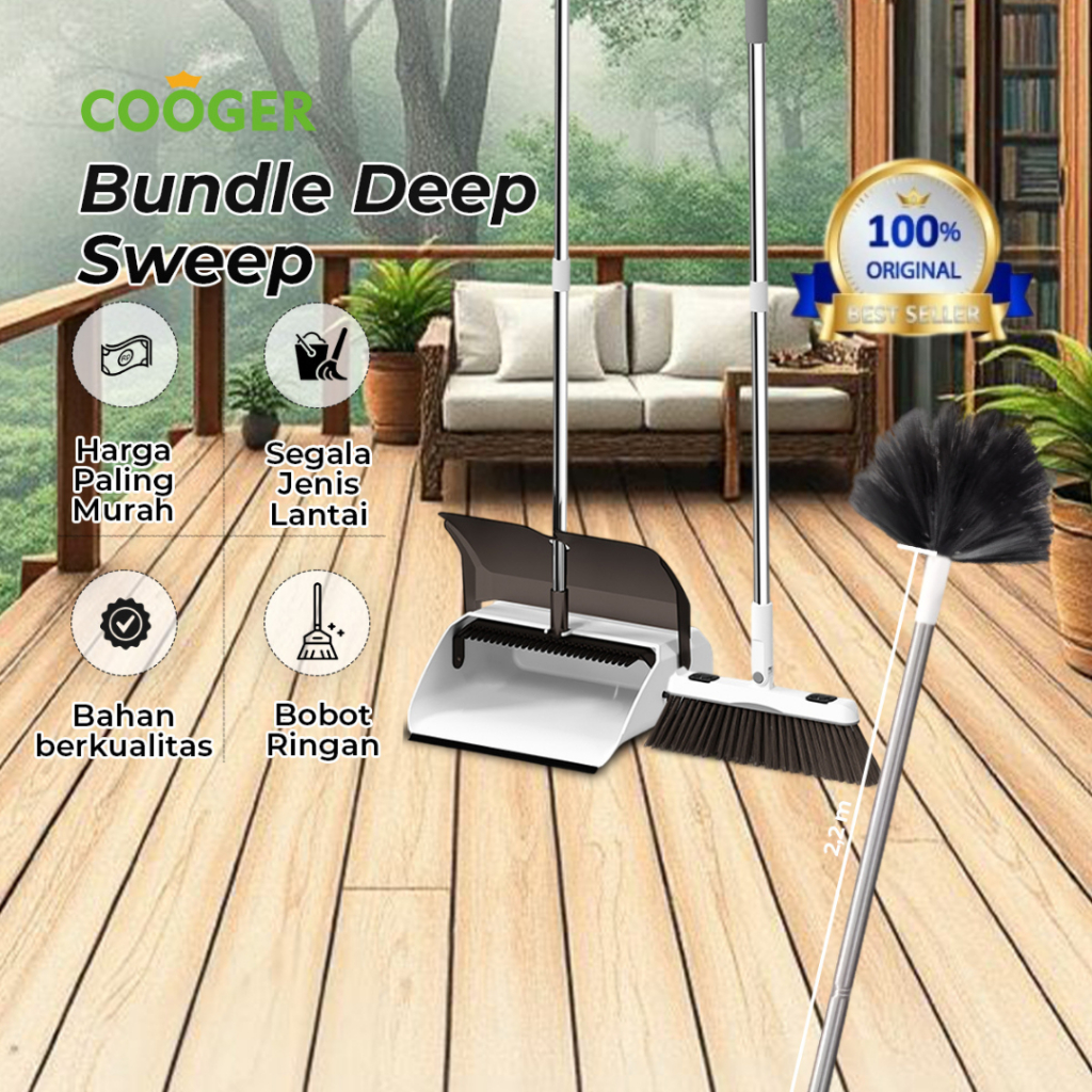COOGER Sapu Luxury 2IN1 Dengan Pengki Dan Ijuk Premium Dan Sapu Sawang Panjang 2.2 Meter Sapu Plafon
