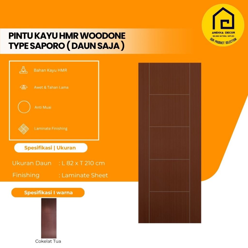 Woodone HMR Daun Pintu Kayu Kamar Tidur Type Saporo Ukuran 82 x 210 Cm Finishing Laminate Semi Solid