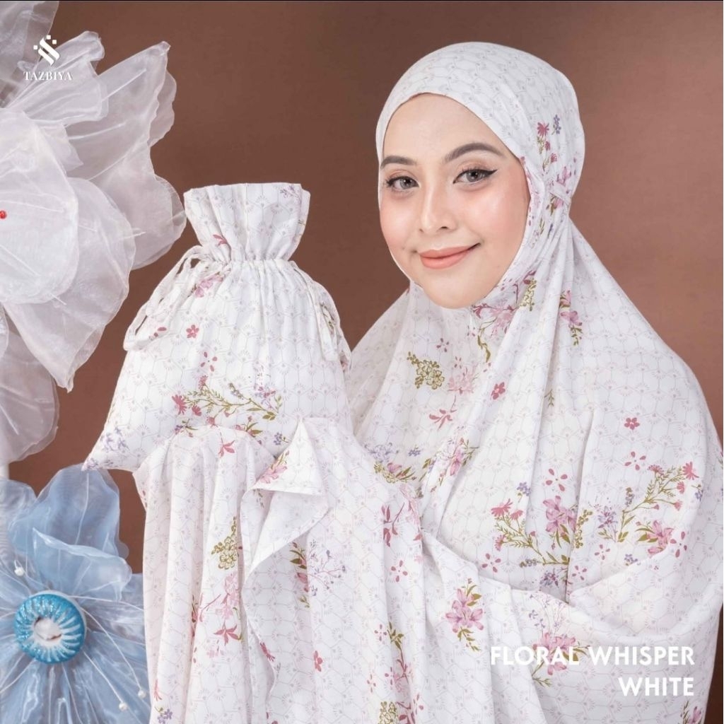 tazbiya Premium mukena floral whisper| mukena putih tazbiya|mukena motif bunga| mukena motif flower