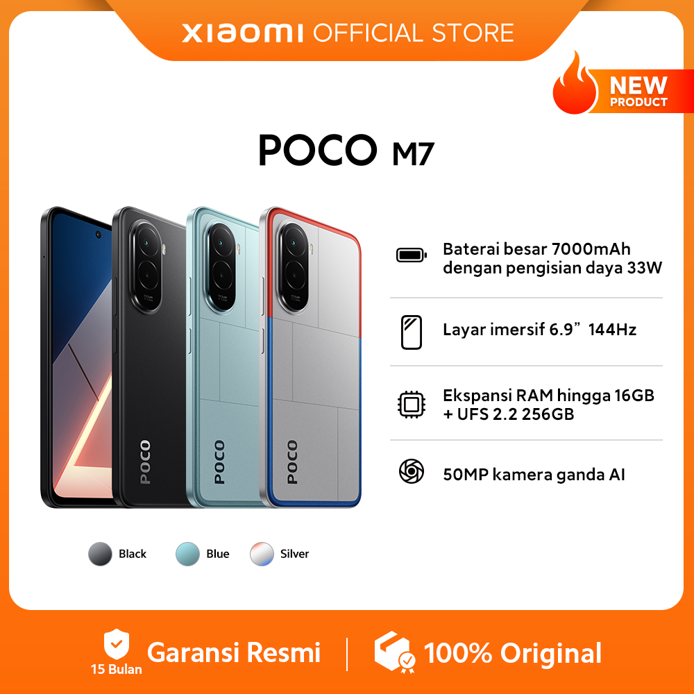 POCO M7 (8GB/256GB) Baterai besar 7000mAh dengan pengisian daya 33W | Layar imersif 6.9" 144Hz | Eks