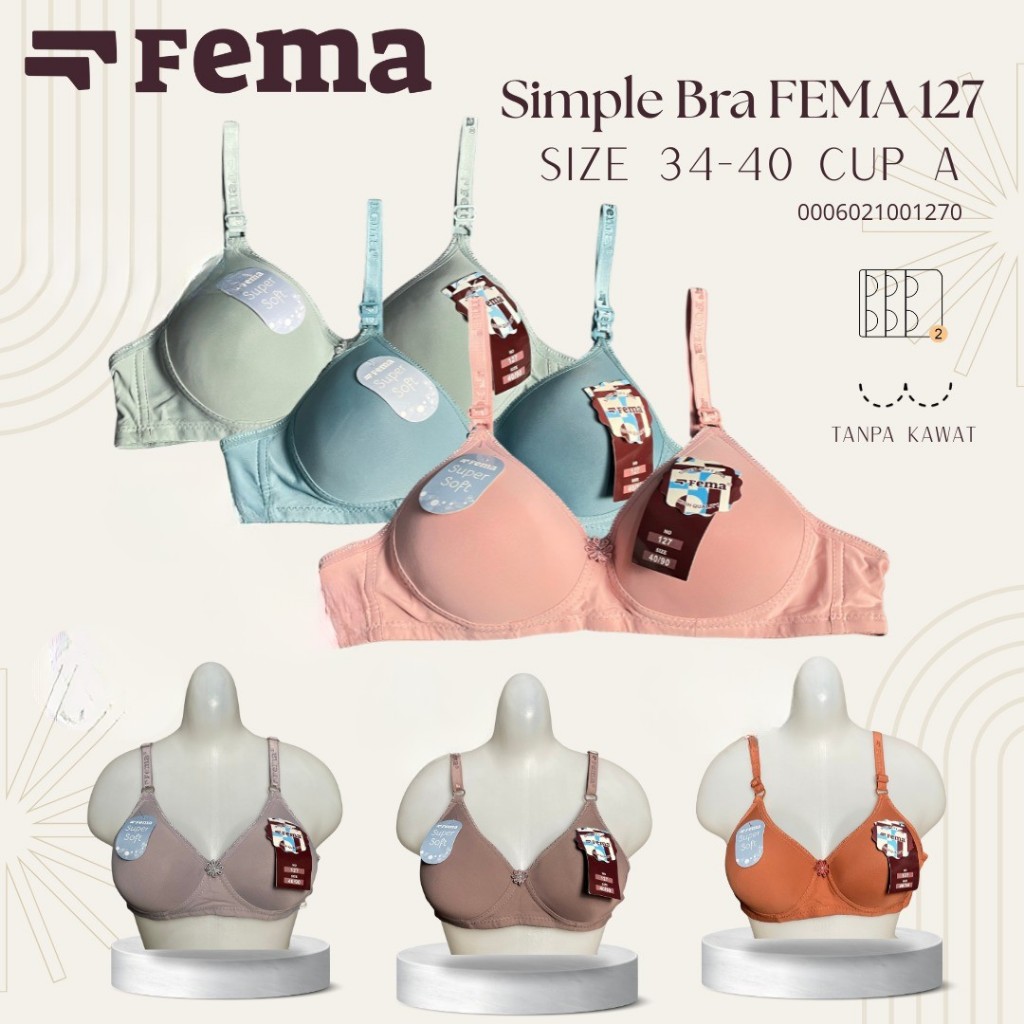 Bra FEMA 127 / BH TIANA 127  Uk 32 - 40 Cup A Kait 2 Tanpa Kawat Busa Sedang