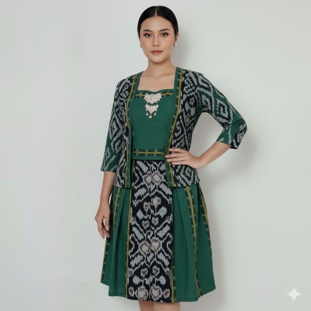 BAJU SETELAN TENUN WANITA JEPARA ROK DAN ATASAN TENUN WARNA HIJAU