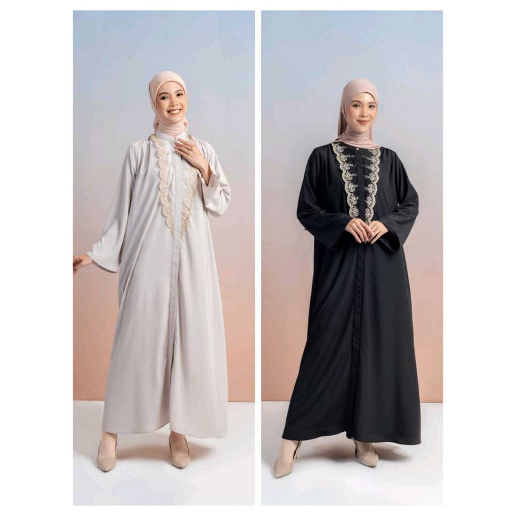 ELZATTA Gamis Abaya Mecca Lace Hitam - Fashion Muslim Baju Dress Gamis Abaya Polos Bahan Crinkle Tex