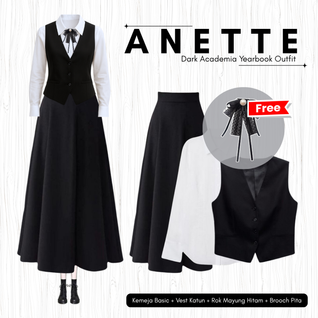 [Hijab Frendly] Anette Dark Academia Yearbook Outfit | Kemeja + Vest + Rok Mayung + Brooch Chiky084