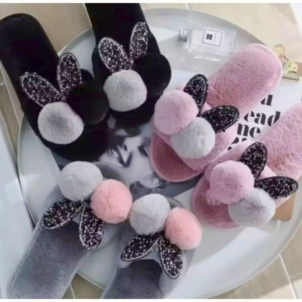 sandal wanita dewasa selop bulu boneka pompom imut