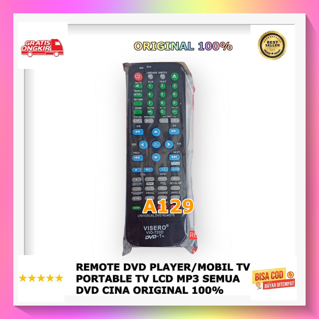 A129 REMOT DVD REMOTE VISERO DVD PLAYER DVD MOBIL SERBA GUNA TV PORTABLE TV LCD MP3 CINA ORI 100% RE