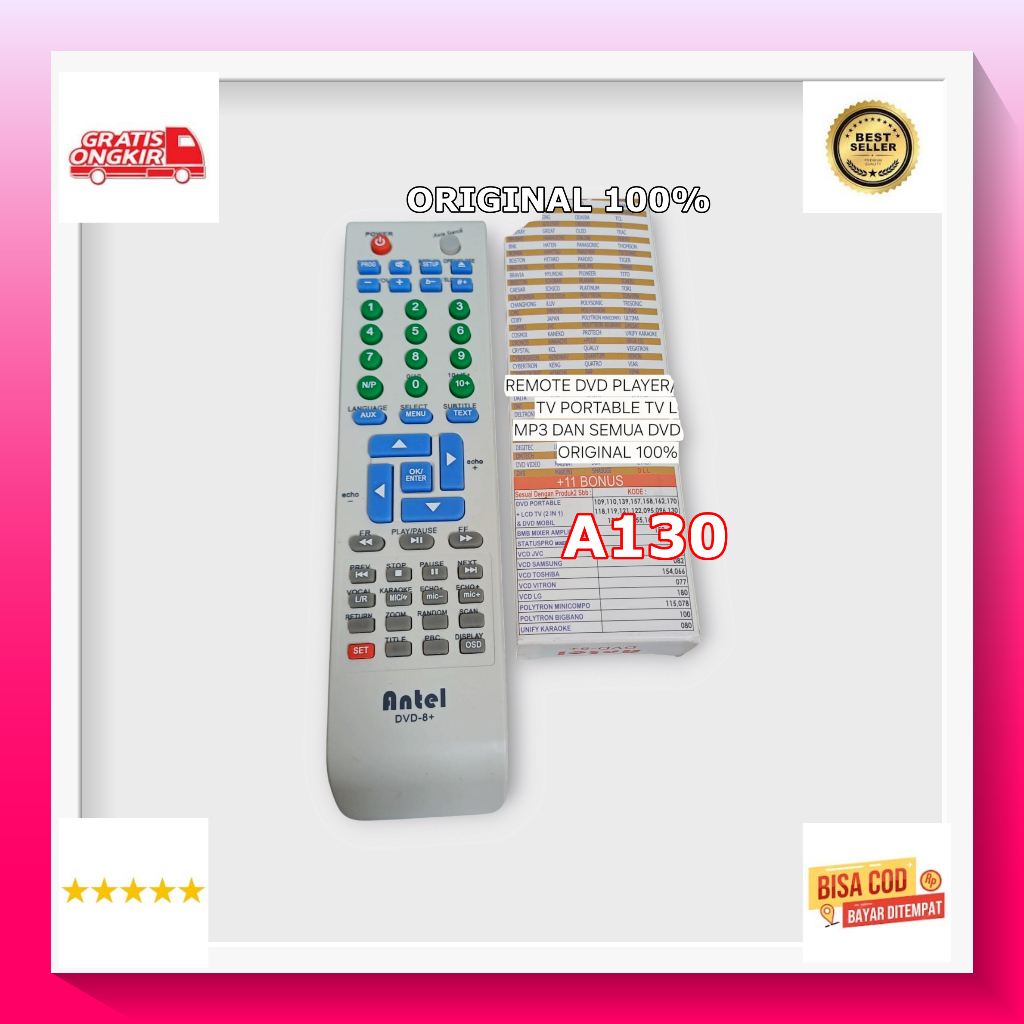 A130 ORIGINAL 100% REMOTE DVD ANTEL BERBAGAI MEREK PLAYER DVD MOBILTV PORTABLE TV LCD MP3 CINA REMOT