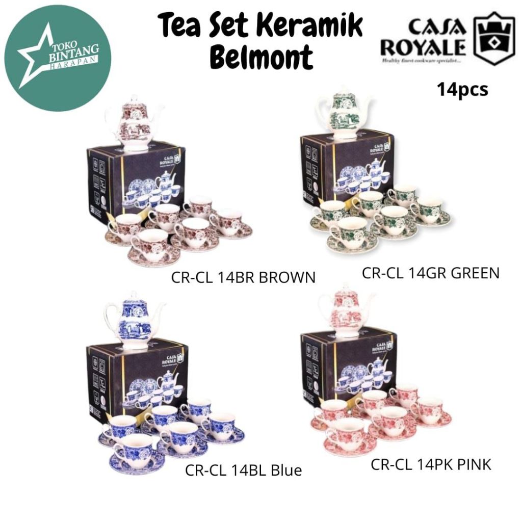 [Special Bundle] Casa Royale Keramik Tea Pot Set - Belmont Pink, Coklat, Biru, Hijau 14-Piece Set