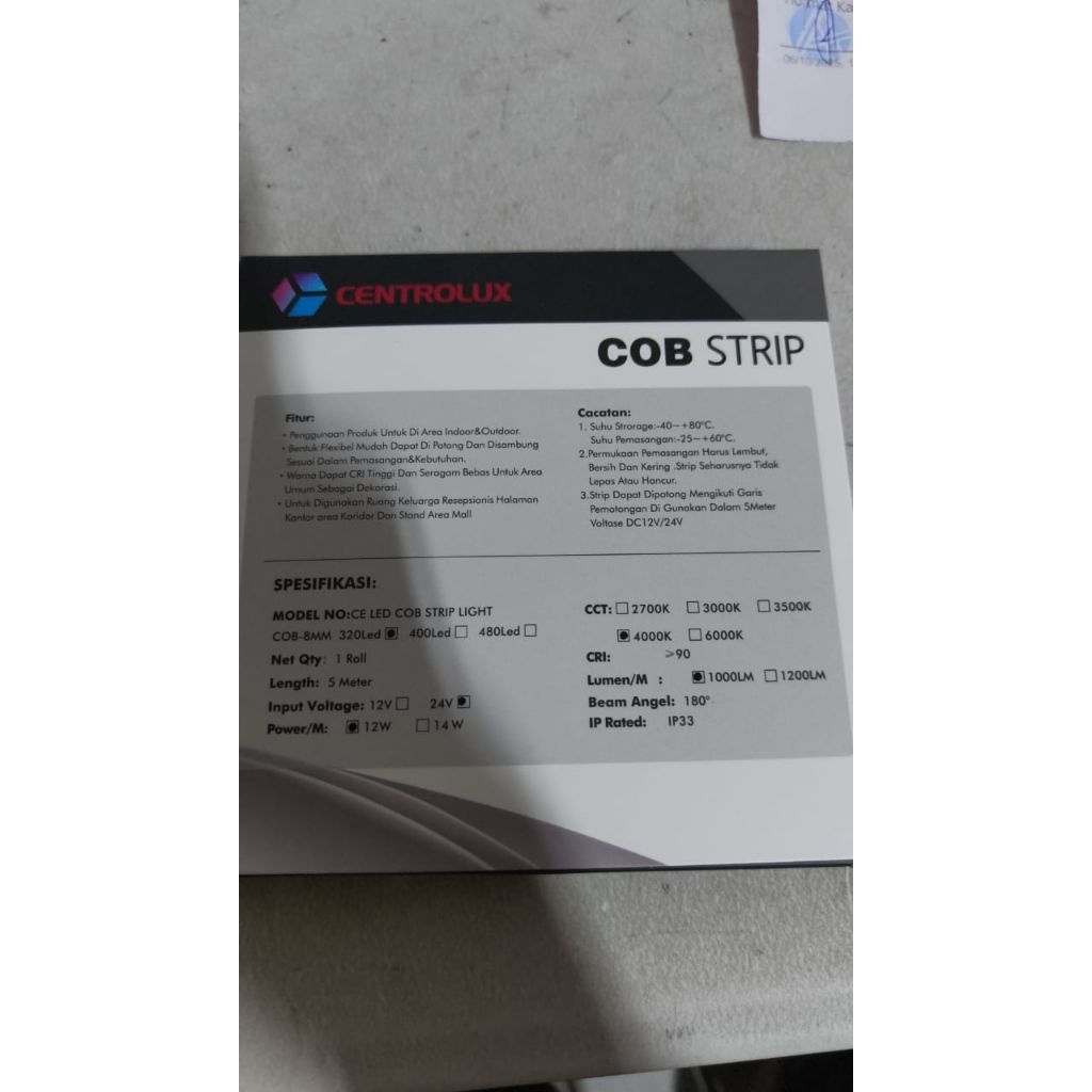 Centrolux Led strip COB 24V 2700k 3000k 3500k 4000k 6000k 5m cri 90