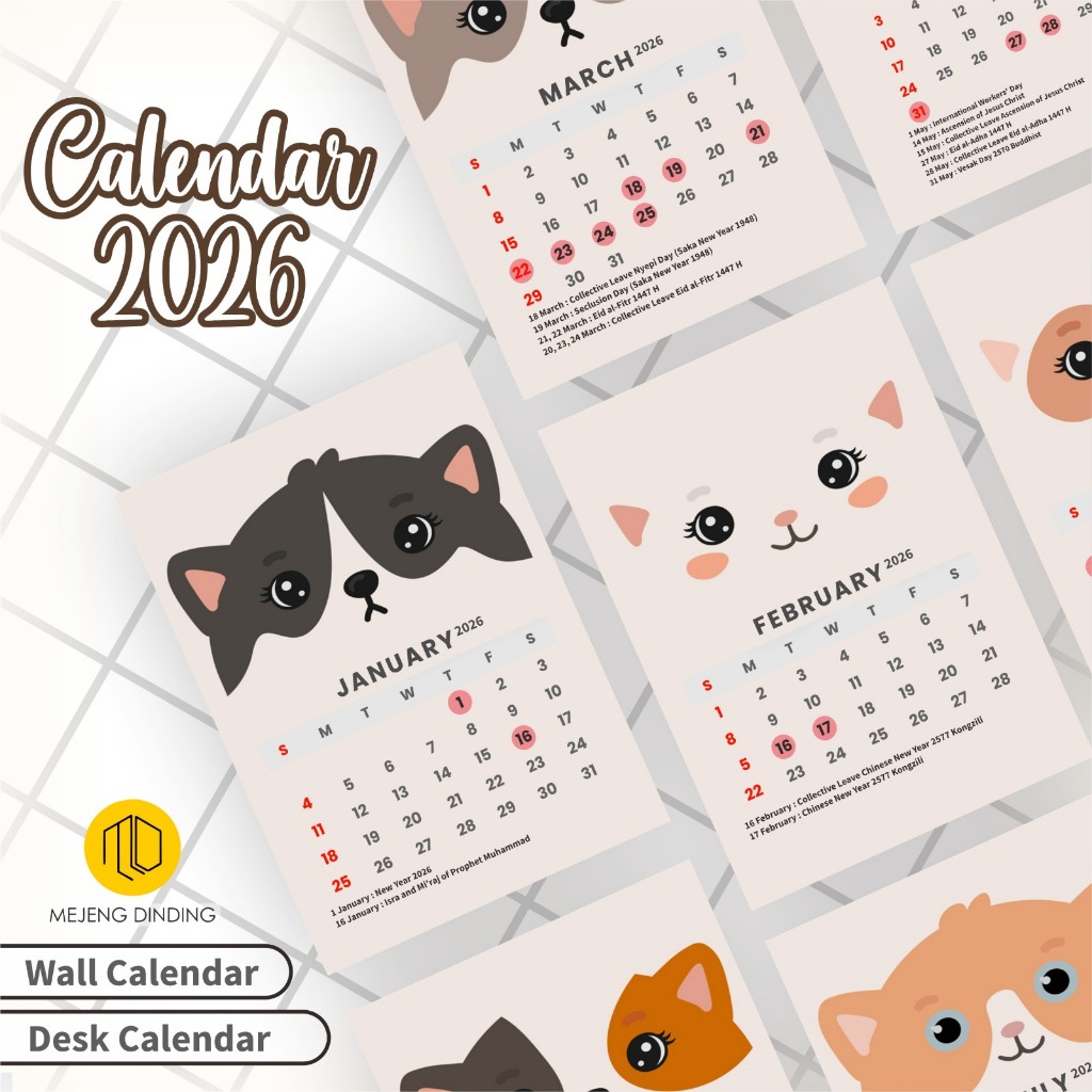 Kalender Dinding Kucing Aesthetic 2026 / Kalender Meja Aesthetic 2026 / Kalender Tempel Aesthetic 20