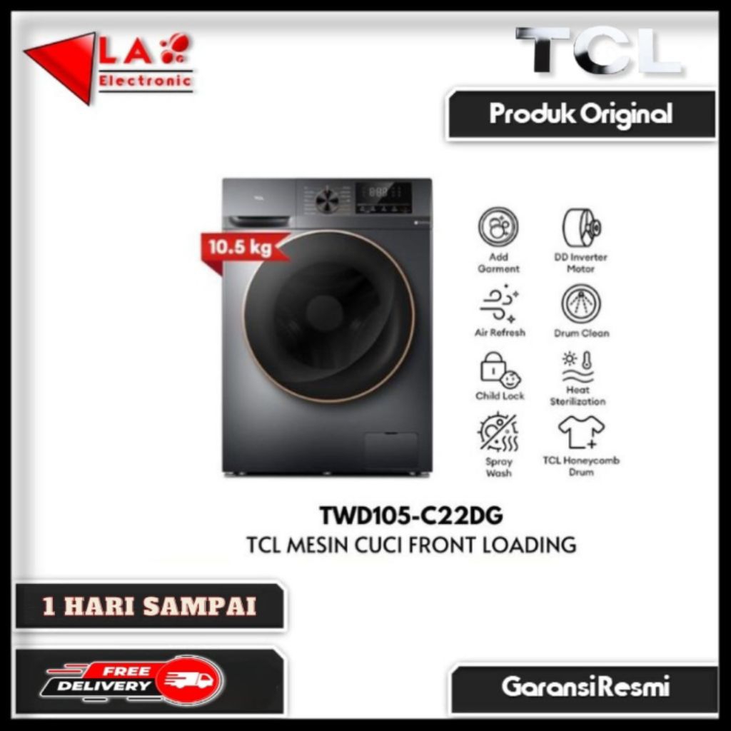 TCL TWD105-C22DG Mesin Cuci Front Loading 10.5kg Washer Dryer - Kapasitas 7kg Pengering