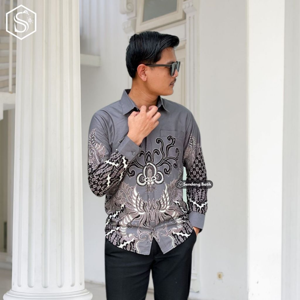 SENDANG BATIK Atasan Batik Motif Mahesura Abu Kemeja Batik Pria Premium Lengan Panjang Lapis Furing 