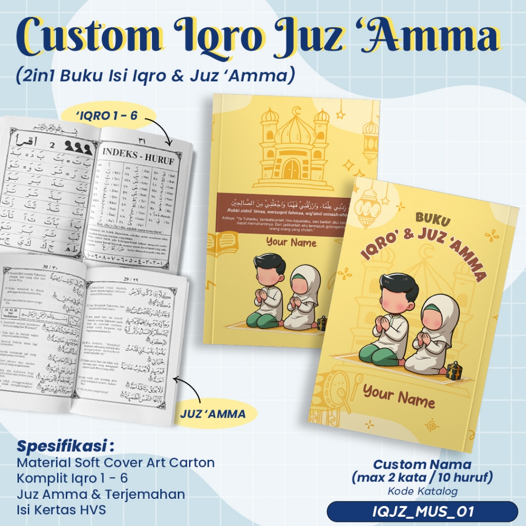 Custom Buku Iqro & Juz Amma Anak | 2in1 Iqro 1–6 + Juz Amma Terjemahan | Nama Bisa Dicetak