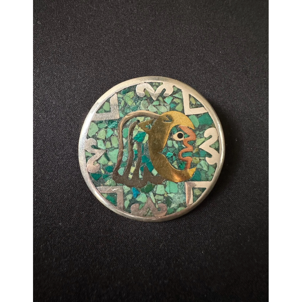 Taxco Mexican Sterling Silver Crushed Inlay Turquoise Brooch