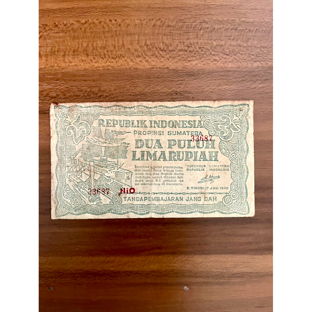 Uang Kertas 25 Rupiah 1948 Hijau, Seri ORIDA Bukit Tinggi, Sumatera Barat Koleksi Kuno