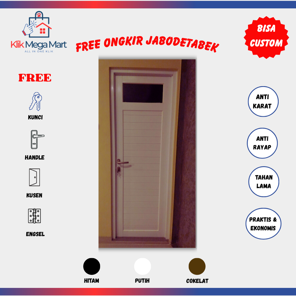 Pintu Aluminium DACON 3" Kamar Mandi + Kaca Atas 70 x 190 (Bisa Custom)