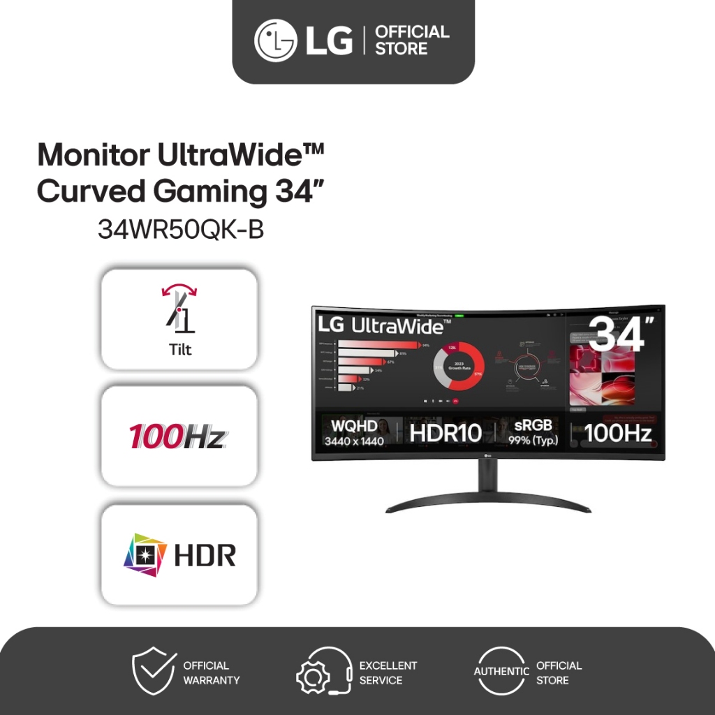 LG Monitor 34 inch Curved Monitor Layar Melengkung UltraWide WQHD 3440 x 1440 100Hz Refresh Rate HDR