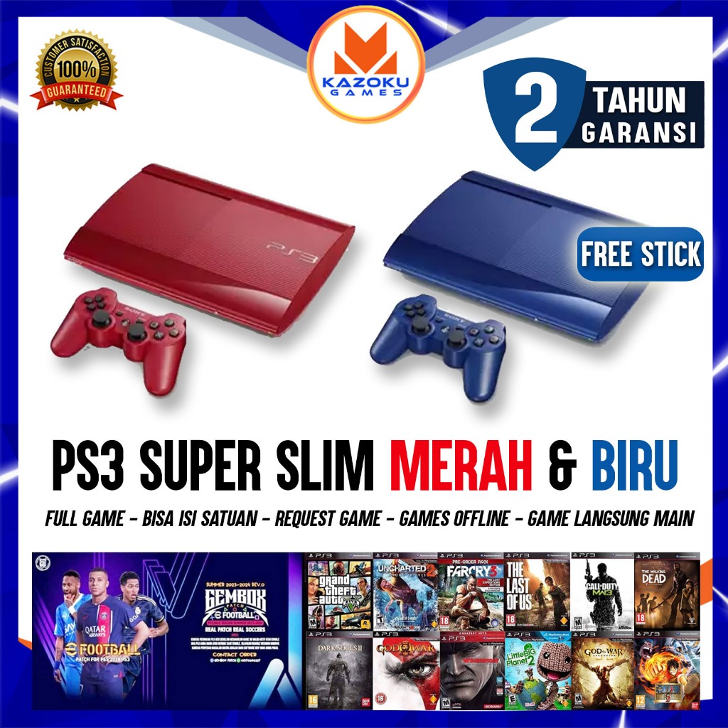 PS3 SUPER SLIM MERAH BIRU HEN FREE GAME 160GB- 500GB 1 STICK ORI MESIN - 160GB GRADE A