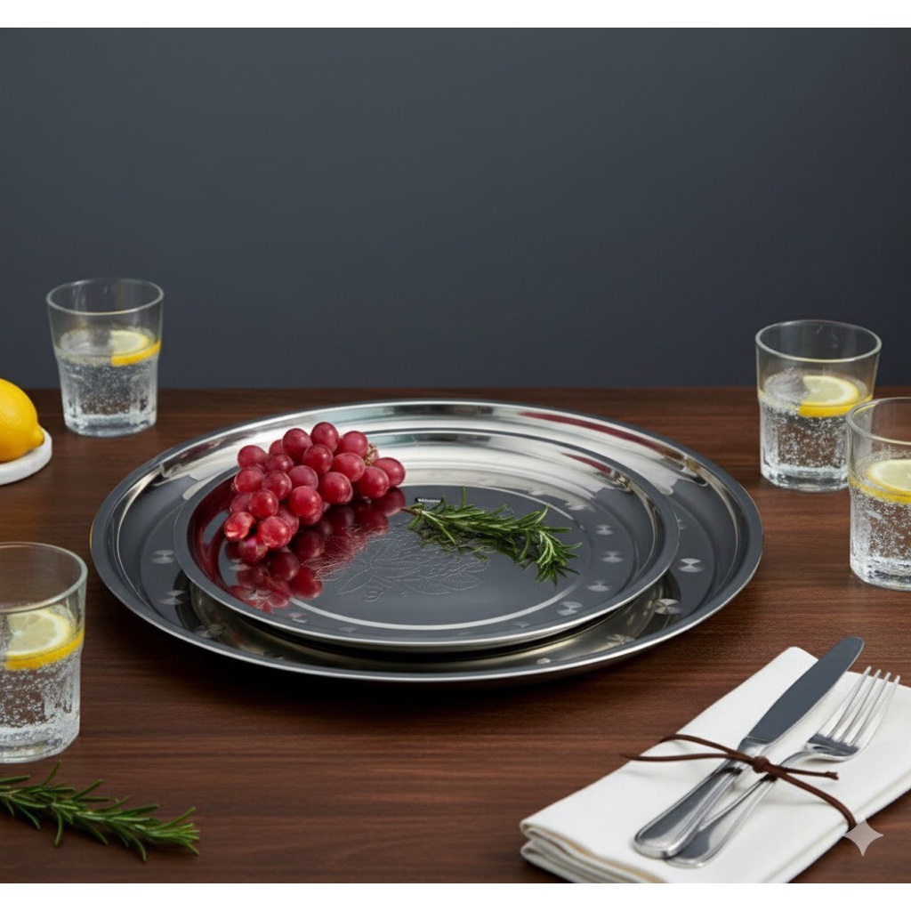 Nampan Stainless Bulat Motif Anggur