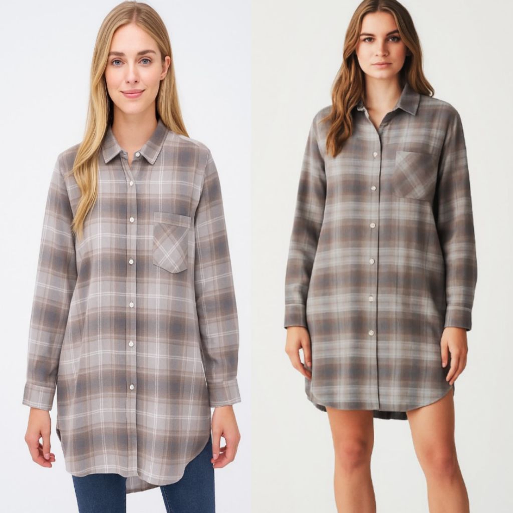 O*D NAVY Women Long Sleeve Grey Plaid Flannel Tunic Shirt/Tunik flannel wanita branded/ tunik wanita