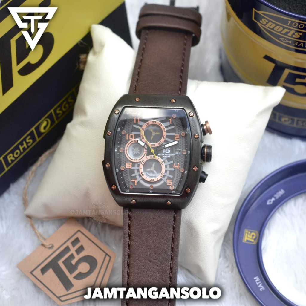 T5 TFIVE LEATHER SQUARE KOTAK JAM TANGAN PRIA ORIGINAL KULIT ANALOG CHRONO STOPWATCH TANGGAL BOX PAP