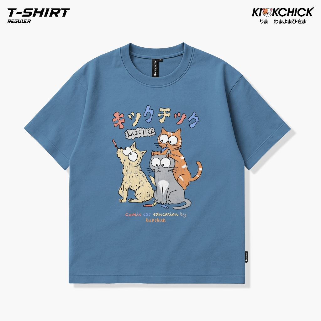 Kickchick Tshirt Reguler Kaos Comic Cat Black & Steel Blue | Kaos Lengan Pendek | Atasan Unisex | KC