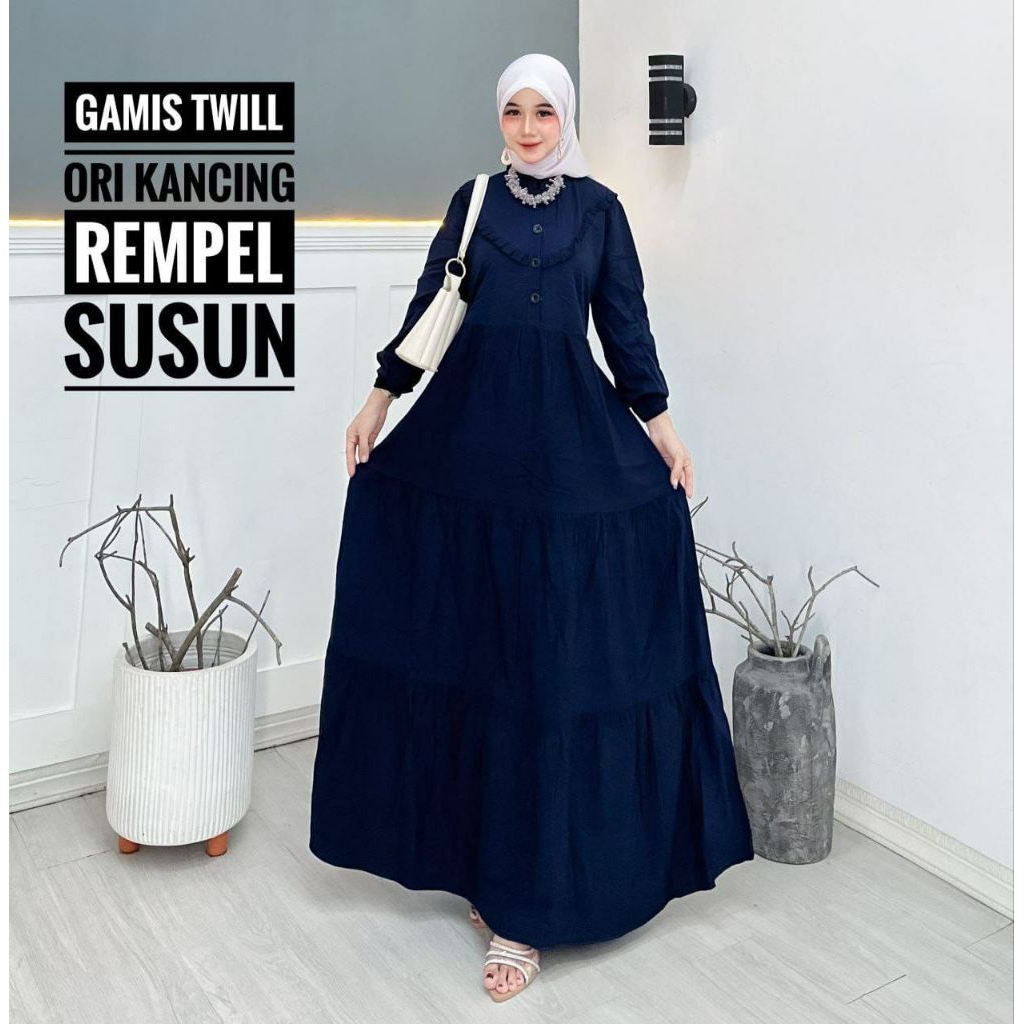 Bismillah Tamara Gamis Twill ORI Basic Model Susun rempelKancing Busui, tali pinggang, saku samping 