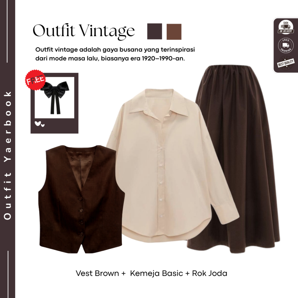 One Set Outfit Yearbook Vintage (Vest Brown + Kemeja + Rok Joda ) OOTD Yearbook Vintage - FO09