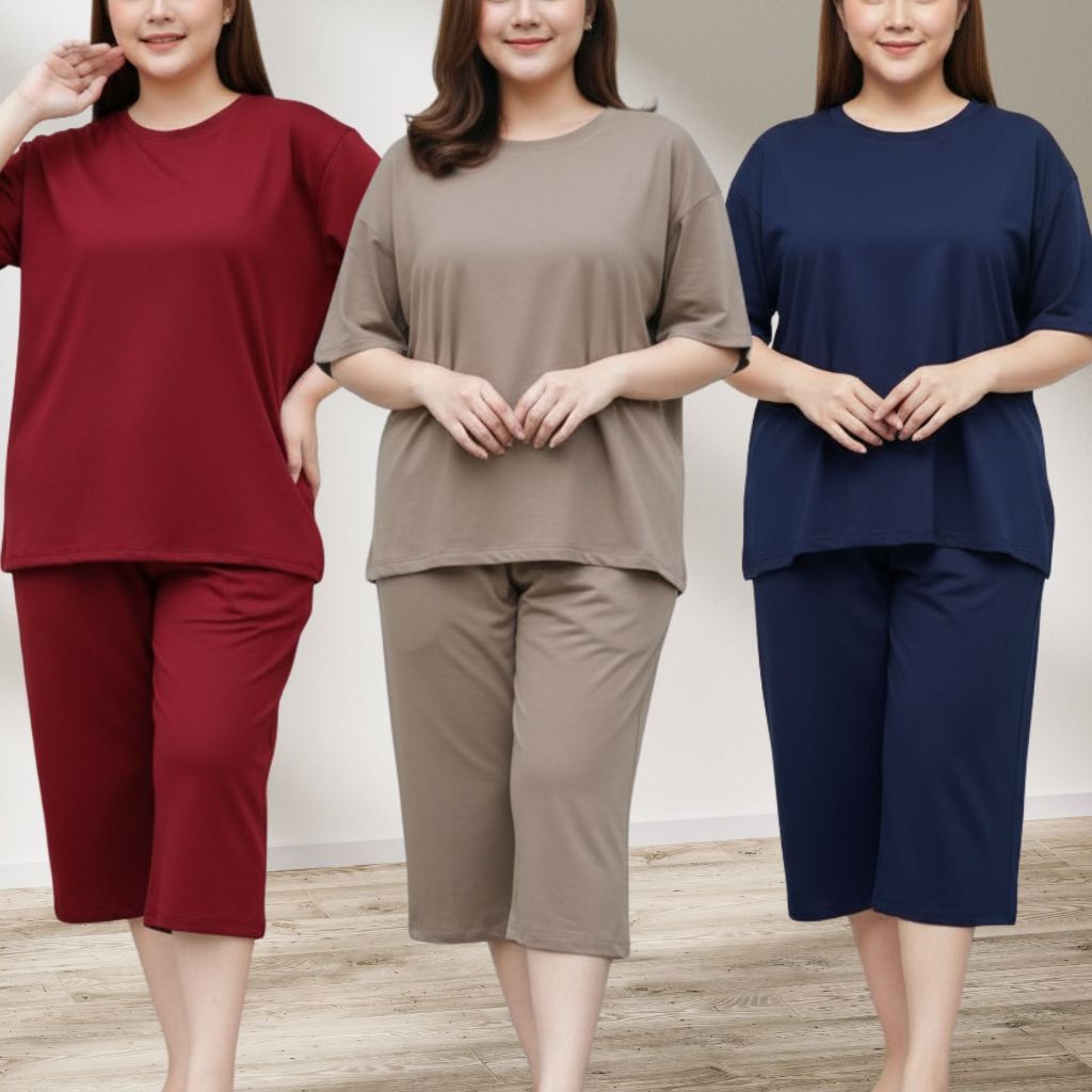 SETELAN CELANA PENDEK KULOT ONE SET WANITA POLOS LENGAN PENDEK JUMBO FIT XXL BABYTERRY