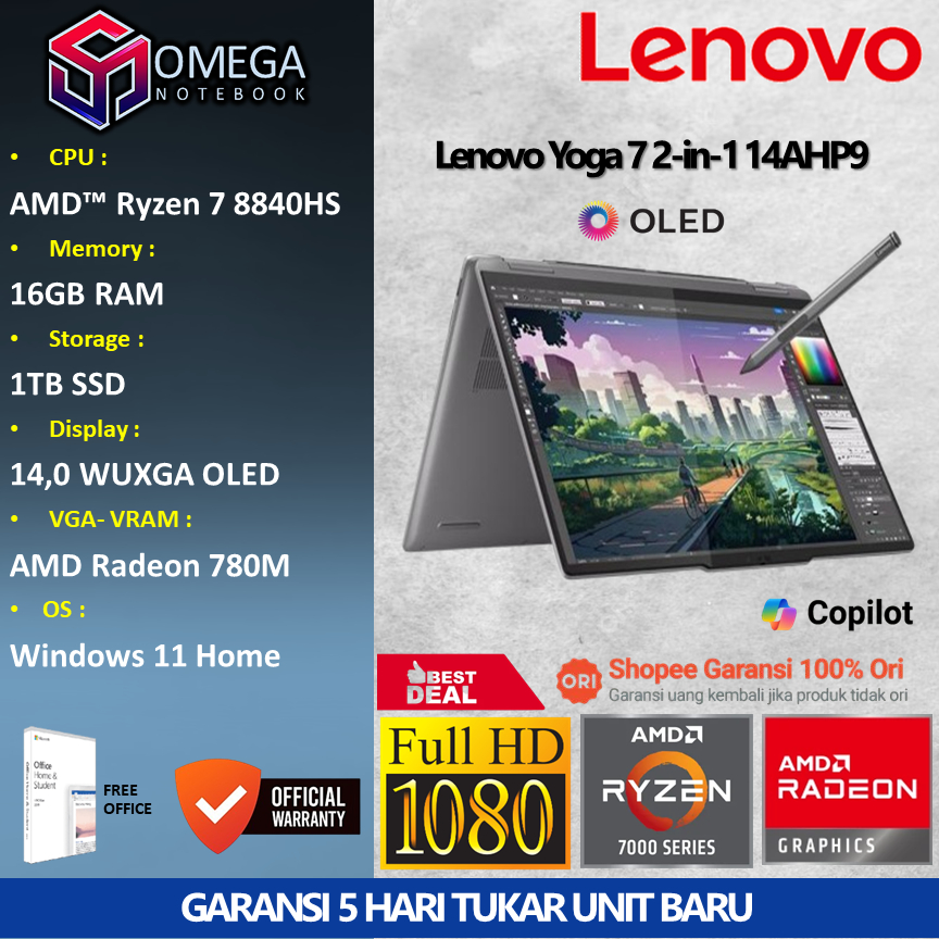 Lenovo Yoga 7 2-in-1 OLED 14AHP9 Ryzen 7 8840HS 16GB 1TB 780M 14,0 WUXGA Windows 11 + Office